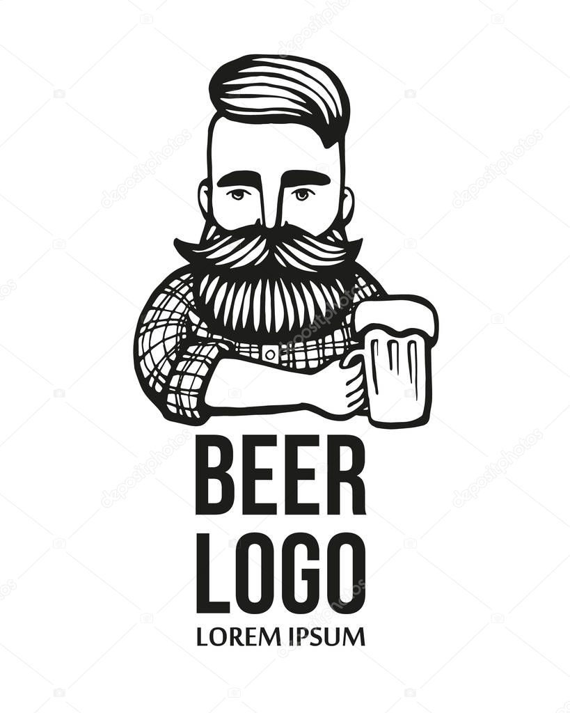 Hand-drawn hipster dude with mustache, beard with beer. Man with glass of alcohol. Vector logo. Stickers, logo, Emblem