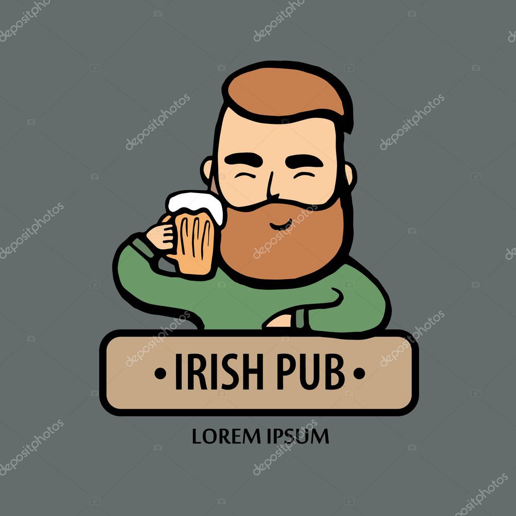 Hand-drawn hipster dude with mustache, beard with beer. Man with glass of alcohol. Vector logo. Stickers logo Emblem