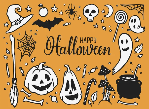 Cadılar Bayramı partisi öğeleri el çekilmiş. Cadılar Bayramı karalamalar. Halloween pumpkins, cadı şapka, yarasa, hayaletler, kafatası, tatlılar ve lattering kümesi. Tasarım Gösterim amacıyla afiş, el ilanı.