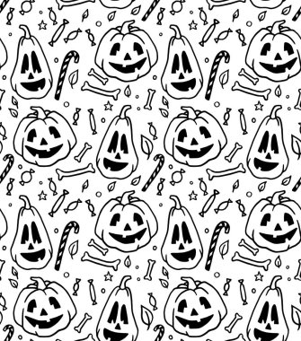 Sorunsuz Cadılar Bayramı kartı, afiş, poster şablonları için şablon. El çekilmiş geleneksel semboller pumpkins, kemikler, şekerler