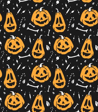 Sorunsuz Cadılar Bayramı kartı, afiş, poster şablonları için şablon. El çekilmiş geleneksel semboller pumpkins, kemikler, şekerler