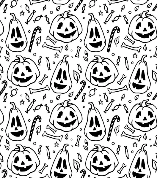 Naadloze Halloween patroon voor kaart, spandoek, poster templates. Hand getekend traditionele symbolen pompoenen, bones, snoepjes — Stockvector