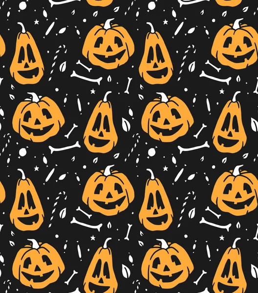 Modello di Halloween senza soluzione di continuità per carte, banner, modelli di poster. Simboli tradizionali disegnati a mano zucche, ossa, caramelle — Vettoriale Stock