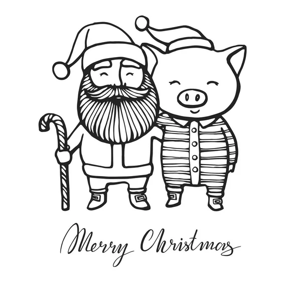 Veselé vánoční přání s Santa Claus a prase v pruhované oblečení, v Santas červenou čepici. 2019 rok prasete. Vánoční přání, plakát, tričko, ručně kreslenou tisk. Vektorové ilustrace. — Stockový vektor