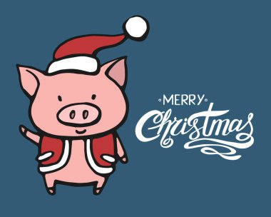 Komik domuz karakter Santas giysiler içinde Illustration. Vektör elle çizilmiş şekilde ayarlayın. Noel kartı, poster, tişört kompozisyon, elle çizilmiş Yazdır.