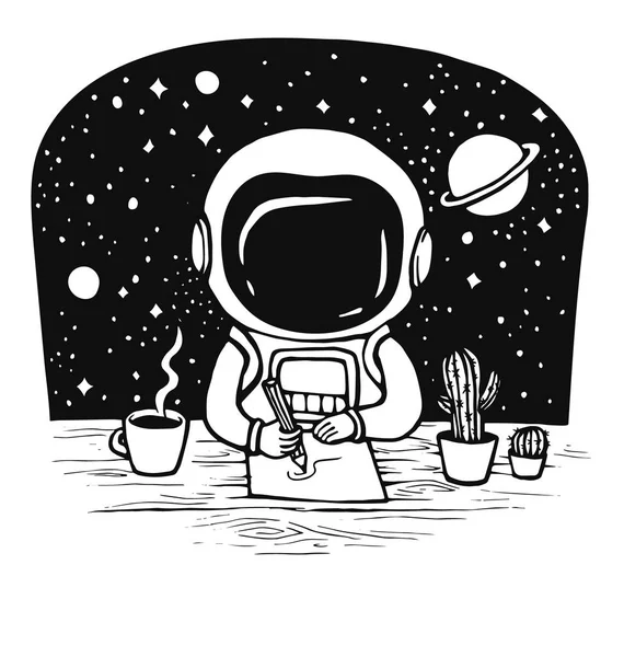 Şirin astronot uzayda masada çizer. Çizilmiş vektör çizim el.