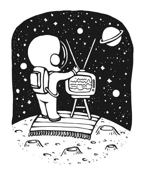 Astronaut tunes Tv op de maan. Hand getekende vectorillustratie. — Stockvector