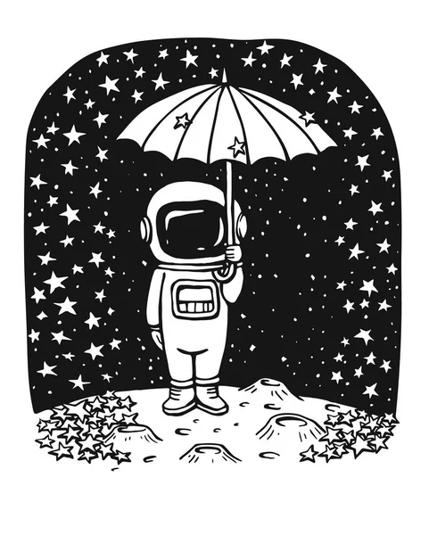 Astronaut met een paraplu onder de stellaire regen. Hand getekende vectorillustratie. — Stockvector