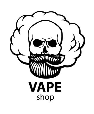 Bıyık ve sakal ile çizilmiş hipster kafatası. Adam vape ve bulut. Elektronik sigara. Vektör.