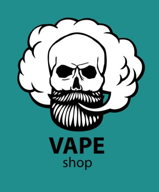 Bıyık ve sakal ile çizilmiş hipster kafatası. Adam vape ve bulut. Elektronik sigara. Vektör.