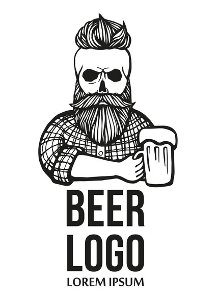 Bıyık, sakal bira ile çizilmiş kafatası hipster dostum. Alkol cam olan adam. Vektör logosu. Plakası, logo, amblem