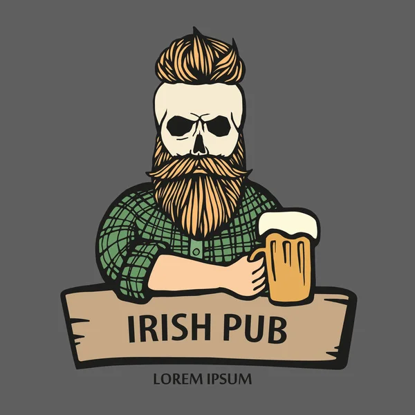 Bıyık, sakal bira ile çizilmiş kafatası hipster dostum. Alkol cam olan adam. Vektör logosu. Plakası, logo, amblem