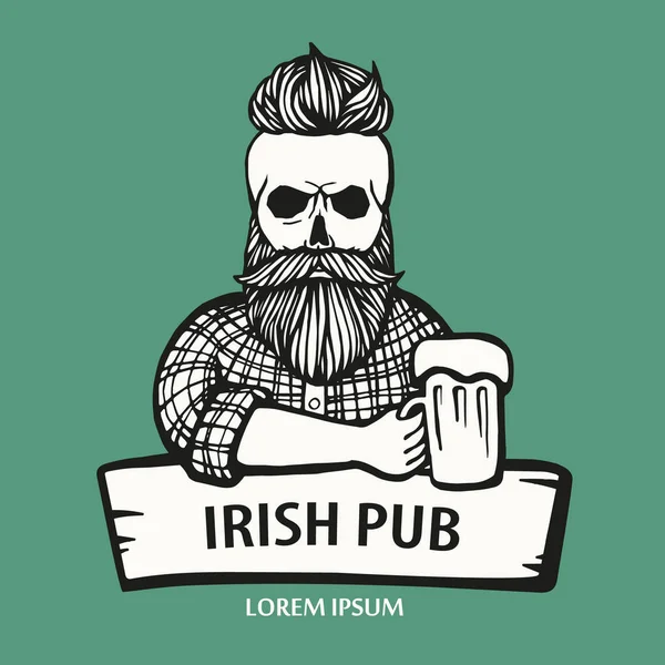 Bıyık, sakal bira ile çizilmiş kafatası hipster dostum. Alkol cam olan adam. Vektör logosu. Plakası, logo, amblem