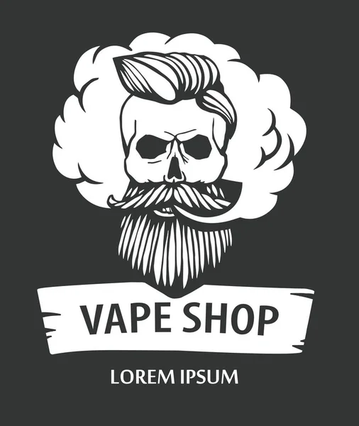 Crânio hipster desenhado à mão com bigode e barba. Homem com vape e nuvem. Cigarro Eletrônico. Vetor . — Vetor de Stock