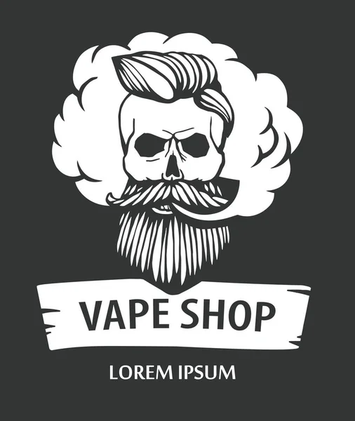 Bıyık ve sakal ile çizilmiş hipster kafatası. Adam vape ve bulut. Elektronik sigara. Vektör.
