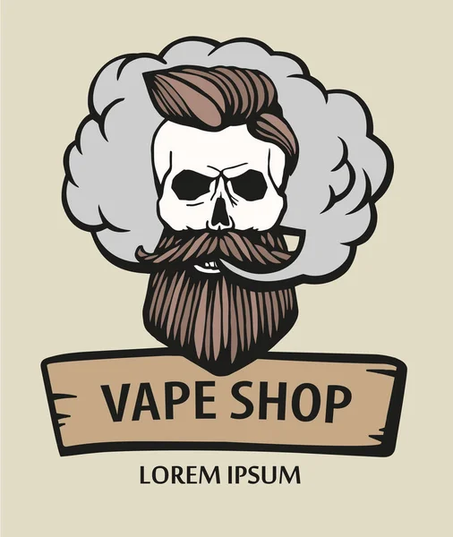 Crânio hipster desenhado à mão com bigode e barba. Homem com vape e nuvem. Cigarro Eletrônico. Vetor . —  Vetores de Stock