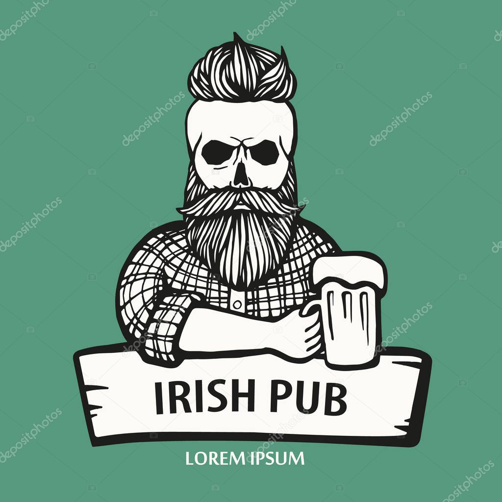Hand-drawn skull hipster dude with mustache, beard with beer. Man with glass of alcohol. Vector logo. Sticker, logo