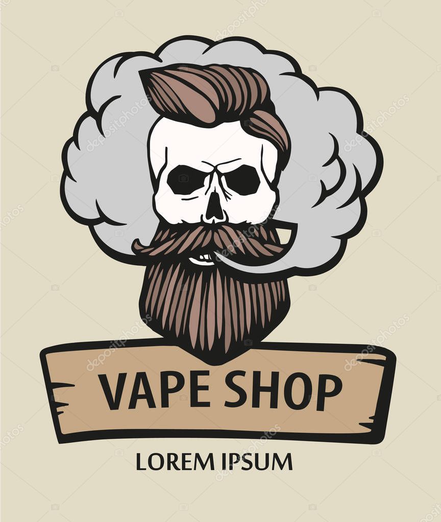 Hand-drawn hipster skull with mustache and beard. Man with vape and cloud. Electronic Cigarette. Vector