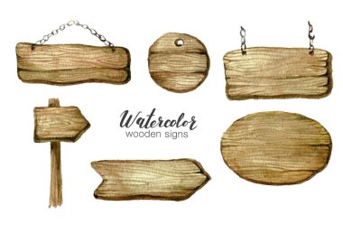 Sulu Boya ahşap işaret panoları ve okları ayarlayın. Handpainted koleksiyonu suluboya ahşap plakalar clipart. Rustik illüstrasyon. Blog, yazı, poster, davet için şablon.