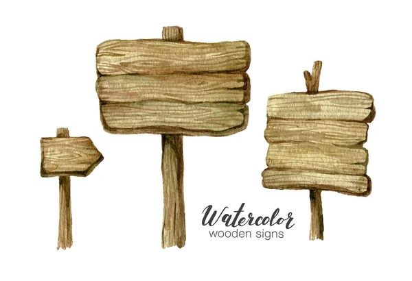 Ställ in akvarell träskylt styrelser och pilar. Handmålad samling akvarell trä plankor clipart. Rustika illustration. Mall för inbjudan, affisch, bokstäver, blogg. — Stockfoto