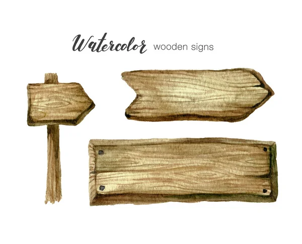 Aquarel houten teken boards en pijlen instellen. Handbeschilderde collectie aquarel houten planken clipart. Rustieke illustratie. Sjabloon voor blog, belettering, poster, uitnodiging. — Stockfoto