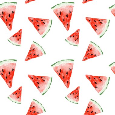 Karpuz ile suluboya dikişsiz desen. Egzotik taze desen beyaz arka plan izole