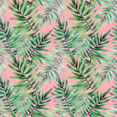 Tropikal yapraklar ile suluboya dikişsiz desen. Pembe arka plan üzerinde izole egzotik taze desen