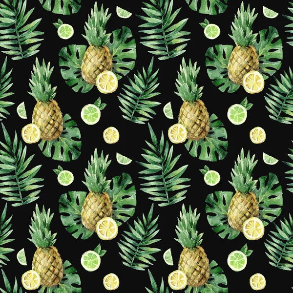 Watercolor seamless pattern with tropical leafs, pineapple and citrus fruits. — Stock Photo, Image