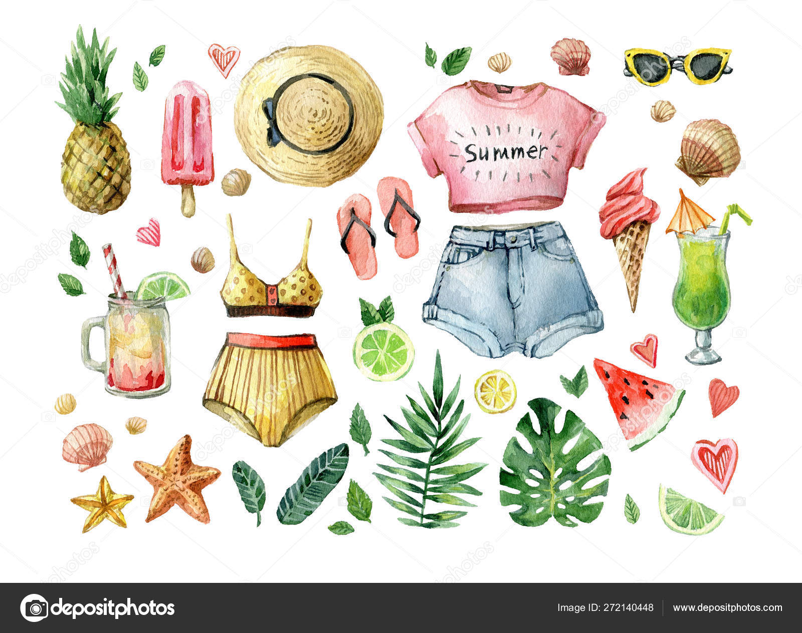 Watercolor summer set with palm leafs, exotic fruits, ice cream, cold  drinks, watermelon and summer clothes. Hand drawn vintage clip art. Exotic  fresh collection isolated on white background Stock Illustration by  ©art.redbox@gmail.com #