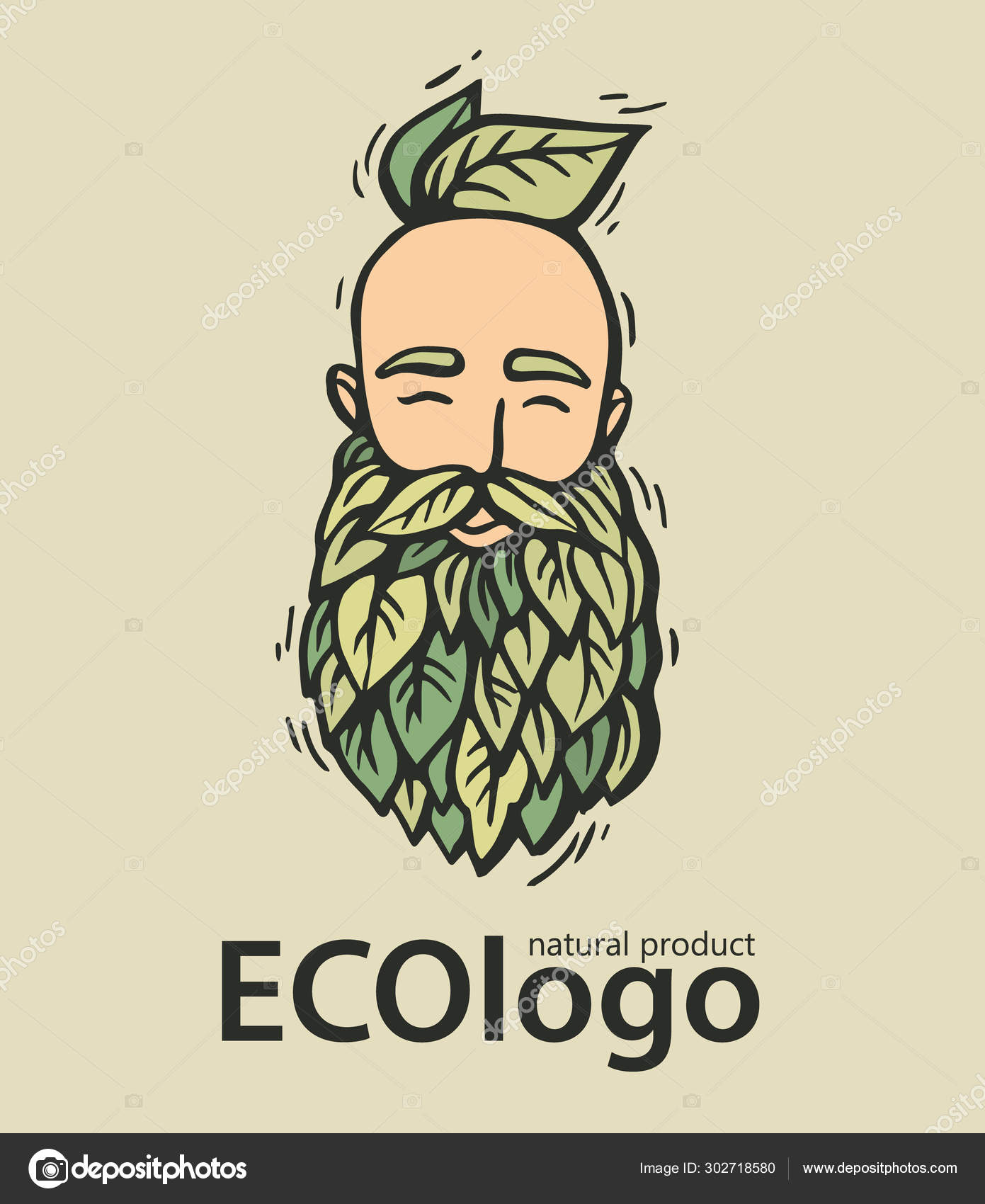 Eco nature logo. Hipster head with blooming beard with leafs. Hand