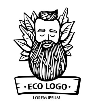 Eko doğa logosu. Yapraklarla açan sakallı hipster kafası. Elle Çizilmiş Vektör Çizimi. Eko ürünler için sakallı adam amblemi.
