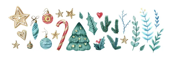 Noel 'in suluboya seti ve yeni göz unsurları. Şirin dallar, şekerler, kurabiyeler, yıldızlar, ökseotu, süslemeler. Suluboya, kış kartları, posterler, davetiyeler ve afişler için izole edilmiş illüstrasyon.