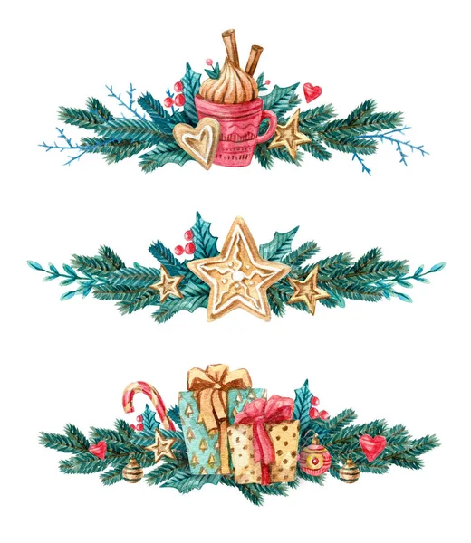 Zencefilli kurabiye, ökseotu, fincan, hediyeler ve şekerlerle suluboya Noel ağacı dalları. Beyaz arka planda boyama. Tebrik kartları, davetiyeler, tavşanlar için resim.