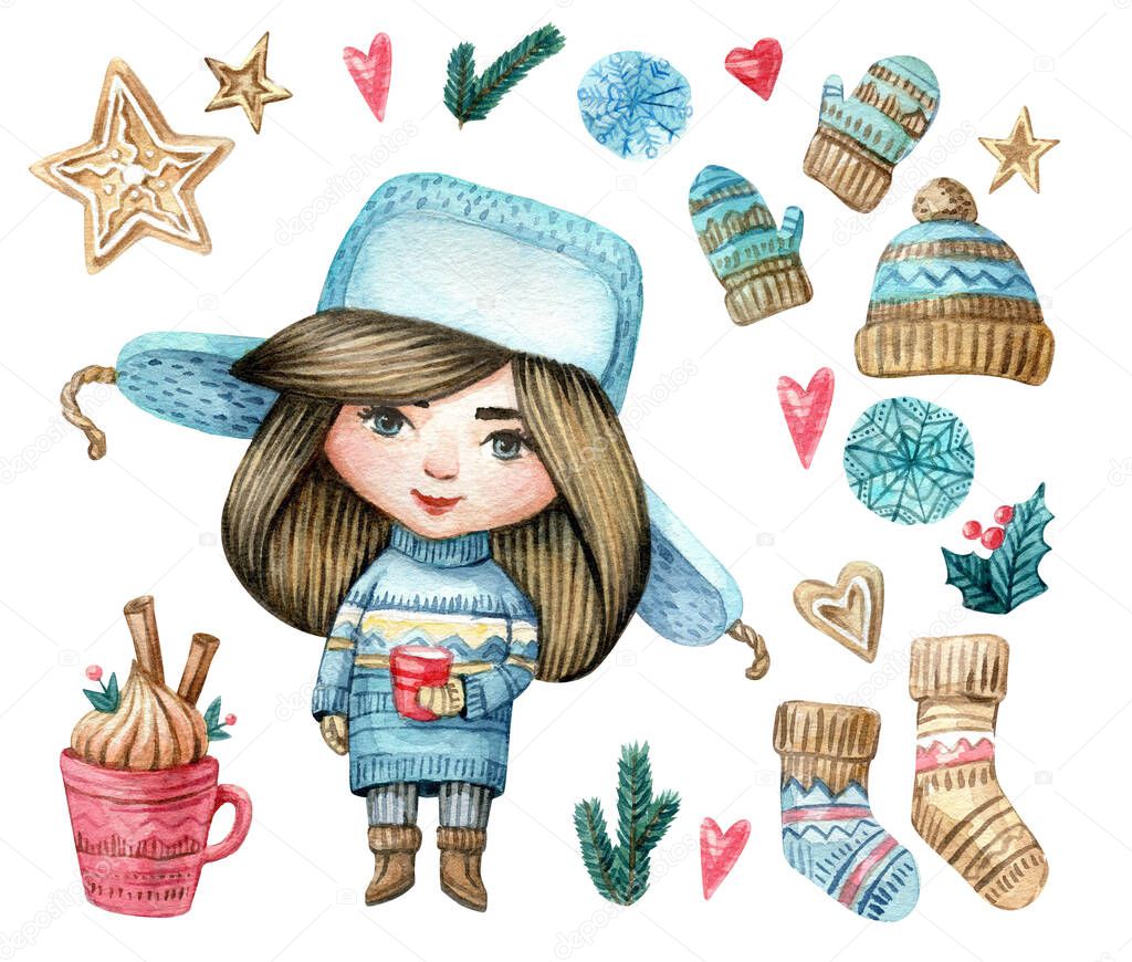Watercolor set of character girl in sweater and hat with a cup and new eyear elements. Cute Christmas girl. Watercolor isolated illustration for winter cards, posters, invitations, banners.