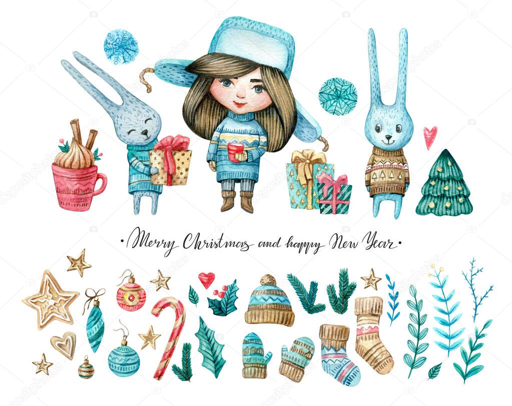 Watercolor set of girl and rabbits, Christmas and new eyear elements: twigs, candies, cukies, stars, mistletoe, decorations. Watercolor isolated illustration for winter cards, posters, invitations.
