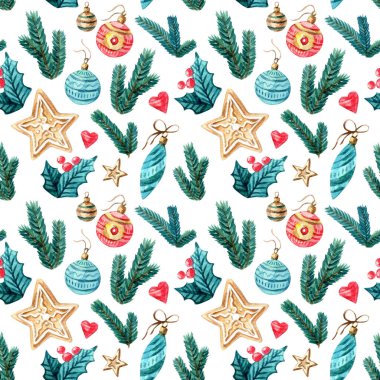 Noel suluboya desenli brunchlar, kalpler, aşçılar, yıldızlar, ökseotu, süslemeler. Suluboya izole edilmiş kış illüstrasyonu - stok yeni yıl.