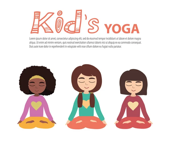 Çocuklar için Yoga vektör çizimi. Nilüfer pozisyonunda yoga yapan genç kızlar. düz vektör illüstrasyonu.