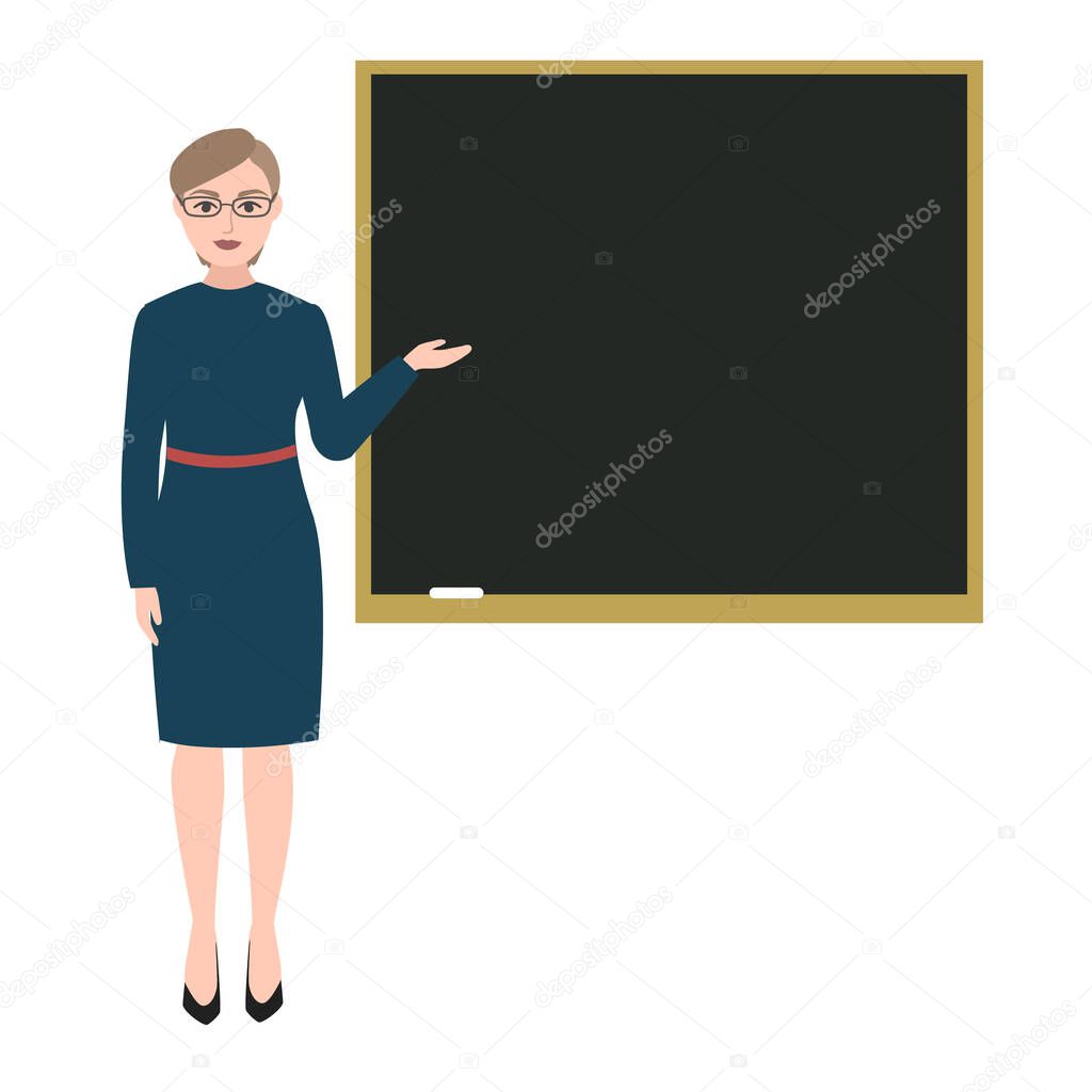 Set of woman in dark blue dress giving a lecture or presentation. Standing in front of blackboard. Fashion modern teacher, manager, worker. Vector illustration of a flat design. stylish lady.