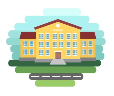 Okula tekrar hoş geldin. Arkaplanda bina var. Düz stil vektör çizimi. Okul ve eğitim. Şehir inşaatı için binalar. Köy ve kasaba manzarası. pankart şablonu