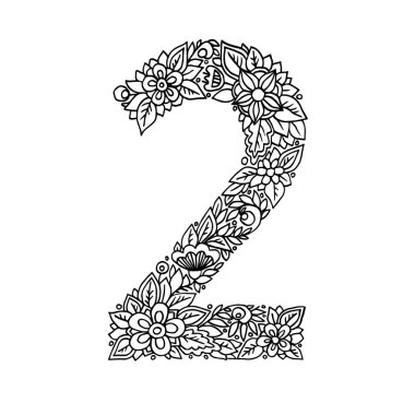 Beyaz arka planda yapraklardan ve çiçeklerden oluşan 2 numaralı çiçek. Tasarım için tipografik öge. Beyaz arkaplanda el çizimi Vektör izole çizimi