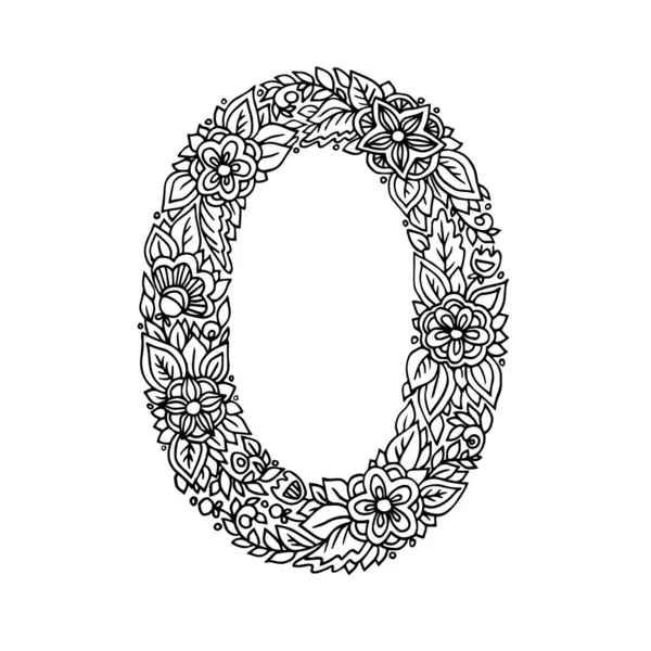 Bloemnummer 0 gemaakt van bladeren en bloemen op witte achtergrond. Typografisch element voor ontwerp. Handgetekende Vector geïsoleerde illustratie op witte achtergrond — Stockvector