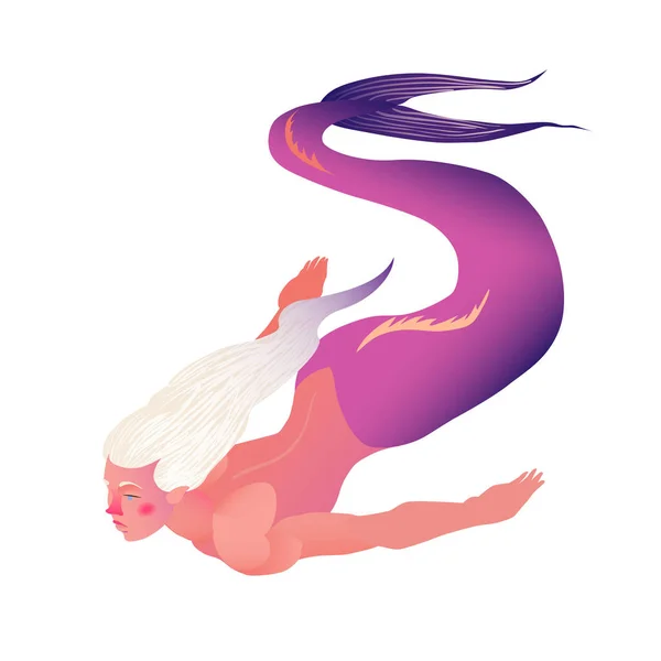 Sirena aislada sobre fondo blanco. Ilustración vectorial. Objeto de recorte. Una criatura fantástica. Violeta cola y cabello rubio . — Vector de stock