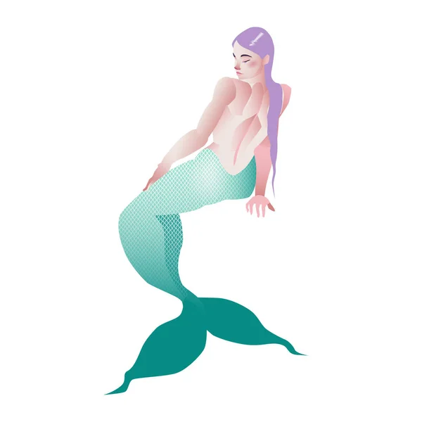 Sirena isolata su sfondo bianco. Illustrazione vettoriale. Oggetto ritagliato. Una creatura fantastica. Coda verde e capelli viola . — Vettoriale Stock