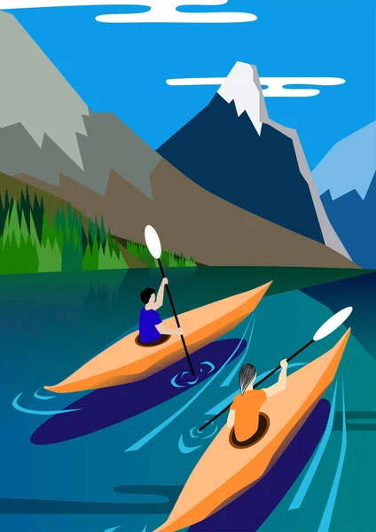 Kayakers Flotan Lago Montañas Fondo Naturaleza Paz Serenidad Cartel Ilustración — Vector de stock