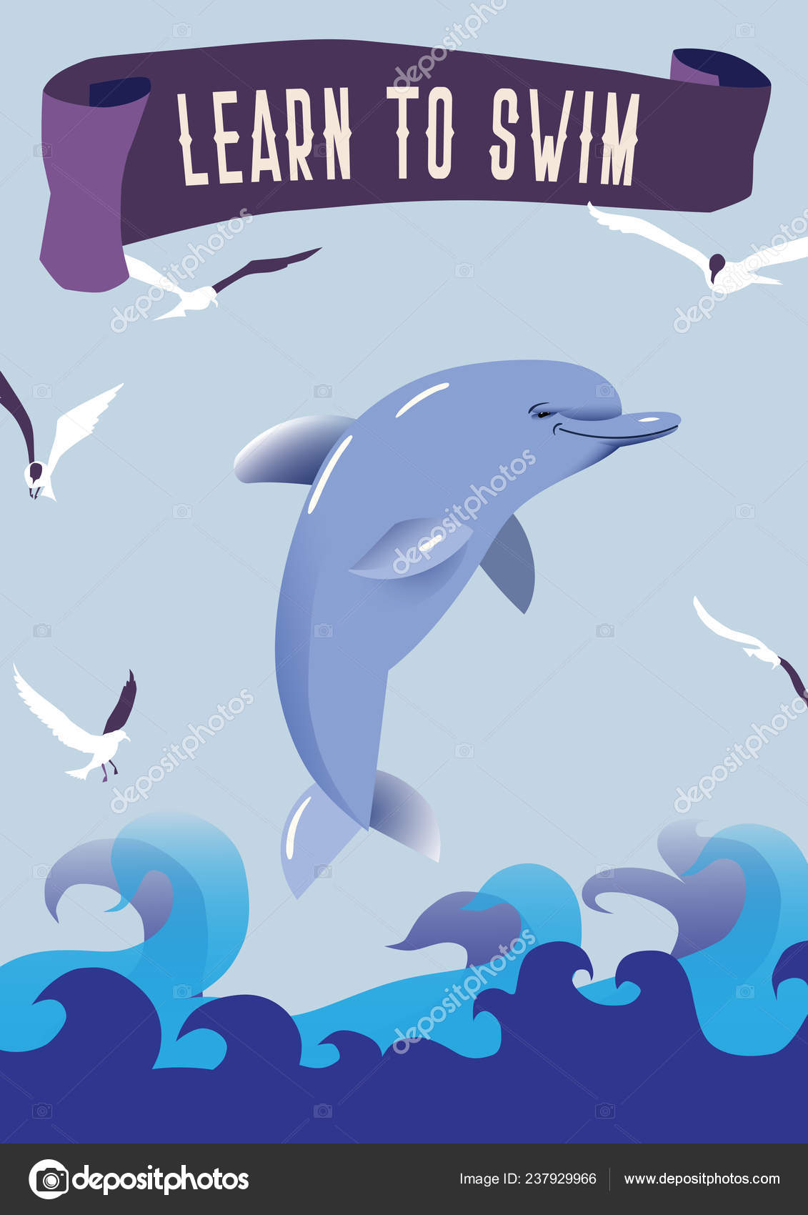 海の生き物ベクトルイラスト 海洋風景 イルカとシーガル 泳ぐことを学ぶ というスローガンを掲げたヴィンテージレトロなポスター ストックベクター C Arsvik