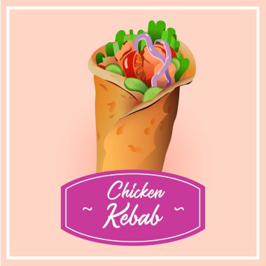 Kebap vektör çizim. Zengin lezzetli shawarma poster pembe etiket ve metin Tavuk Kebabı ile. Gıda Sanayi, sarma kağıdı için menü öğesi olarak talep üzerine baskı için kullanılabilir.