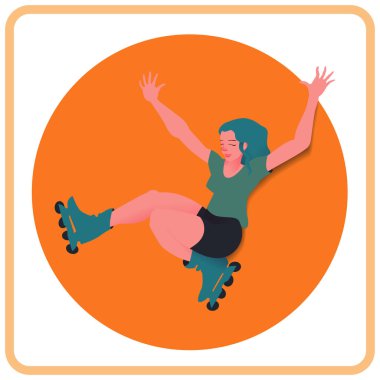 Kırmızı daire arka plan üzerinde paten üzerinde mavi saçlı kız. Genç güzel sporcumuz hareketi. Başlık sayfası veya poster gradyan ile düz stil. Vektör çizim.