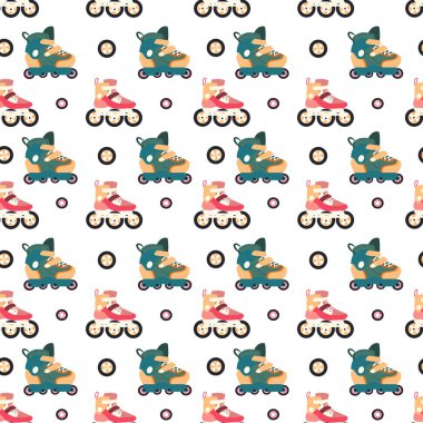 Tekerlekli paten ve beyaz bir arka plan üzerinde izole jant ile Seamless modeli. Vektör düz çizim. Spor eşyaları için şal Silindirler veya gençlik kafeterya salonu duvar kağıdı.
