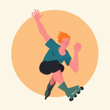 Tekerlekli paten daire arka plan üzerinde kırmızı saçlı çocuk. Güçlü ifade sporcu hareketi. Başlık sayfası veya poster gradyan ile düz stil. Vektör çizim.