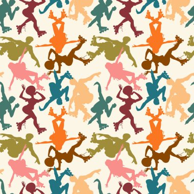 Patenler üzerinde arka izole gençlerin siluetleri ile Seamless modeli. Vektör düz çizim. Spor eşyaları, silindirler, dükkanı bir duvar kağıdı için şal aşırı sporcular üzerinde duruldu.